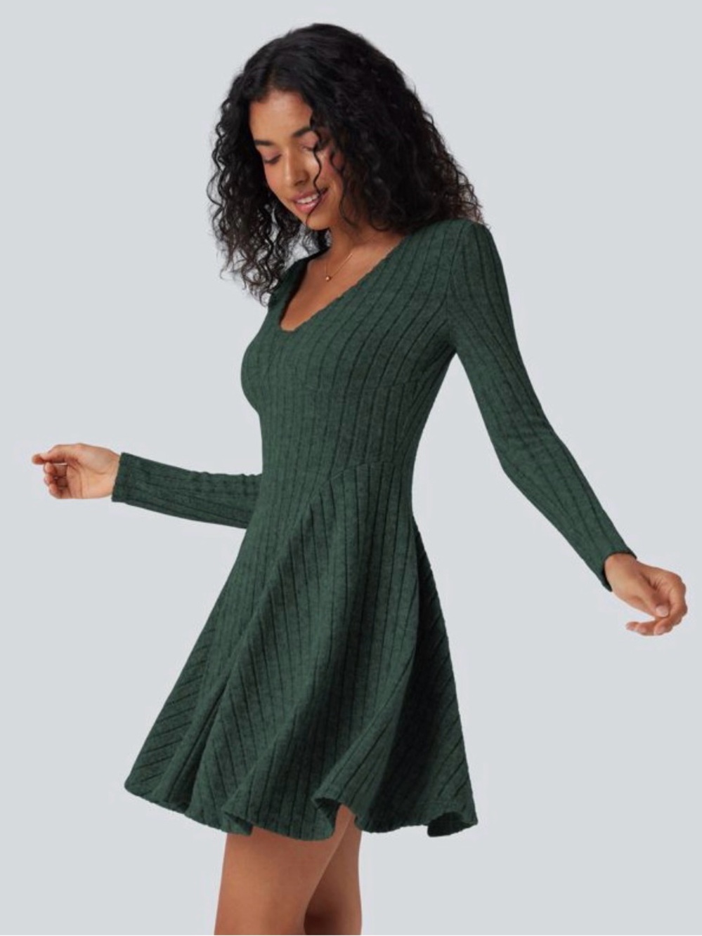 Halara Ribbed Knit V Neck Long Sleeve Flare Mini Casual Dress Green Size Small